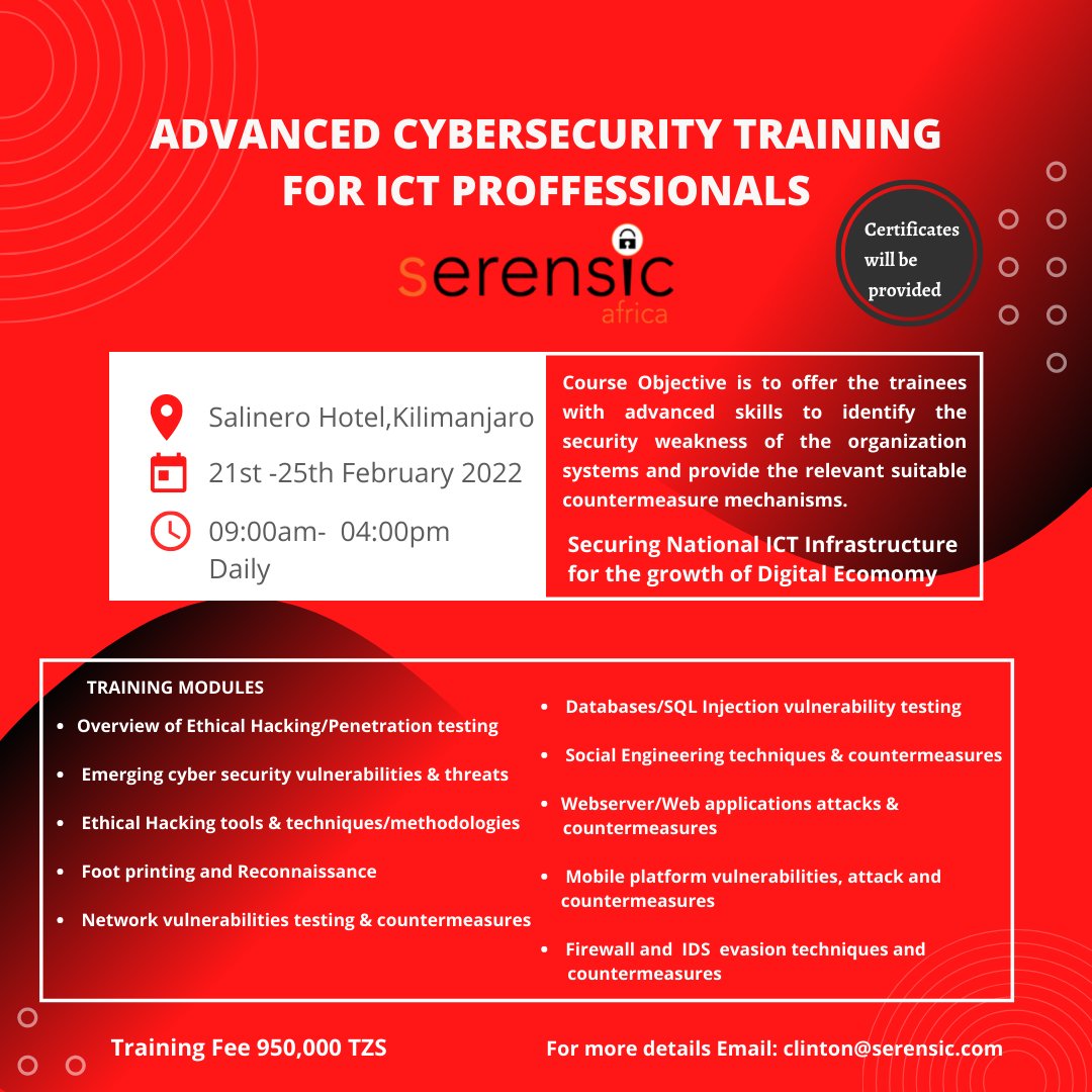 3 days left for the Advanced Cybersecurity Training for ICT professionals. Limited seats available. And I will be one of the trainers 😊. Don't plan to miss....