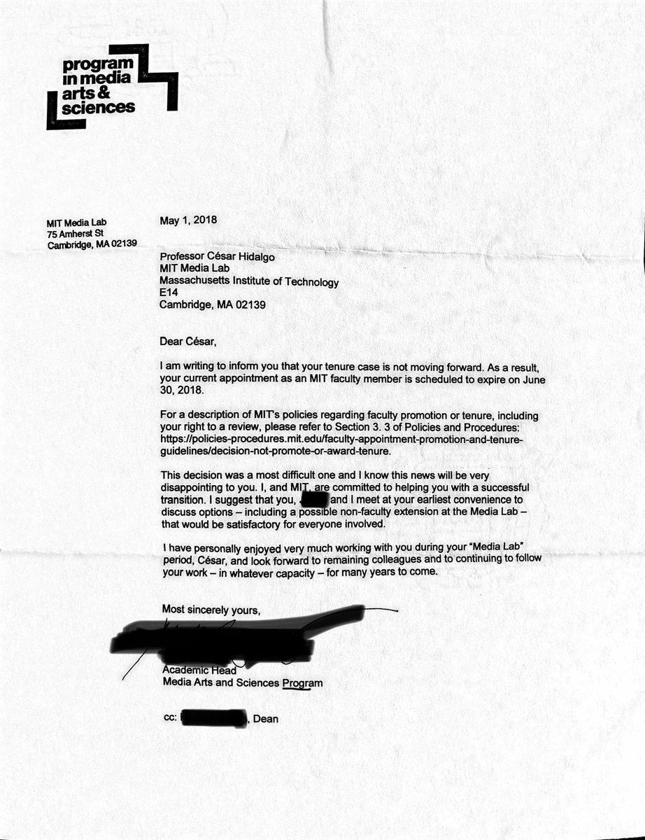 Want to read an insane tenure denial story? I was denied tenure at MIT in 2018. I was the only Hispanic faculty at my department, had 13k+ citations, 2 books, & papers in Nature, Science, & PNAS. I was never given a reason & the only letter I got told me to check the website./1🧵