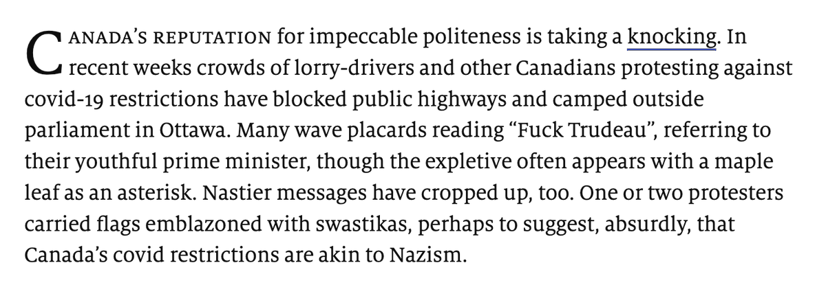 jonkay's tweet photo. foreign coverage of canada is now far more sane than our own. e.g first paragraph of Economist editorial notes obvious fact that the 2 jan 29 Nazi flags were aimed at libelling Trudeau as Nazi, not pro-Nazi symbols, something Cdn journos are scared to note
https://t.co/fIFIfO6lSK https://t.co/FIsCViXaXD