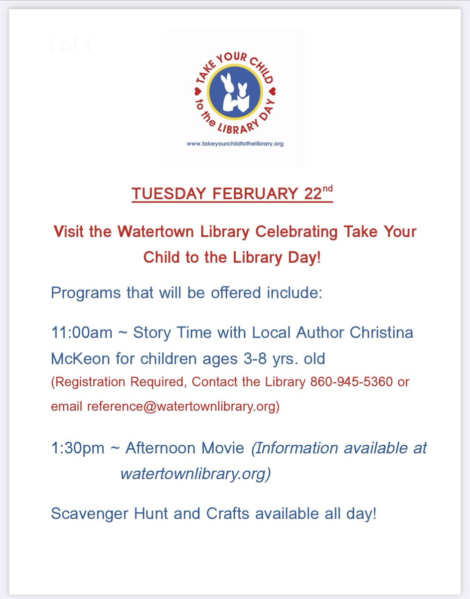 MrsSulloLibrary's tweet image. Hi Library families! Watertown Library is hosting a Take your Child to Library Day for some fun activities for kids on February 22! Check out the flyer and enjoy! @JudsonAdventure @PolkESPrincipal @WtnLibraryCT
