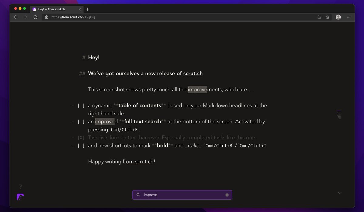 There it is: First major update of 2022. Dynamic table of contents. Improved task lists. Better full text search. More shortcuts. Hope, you like it.