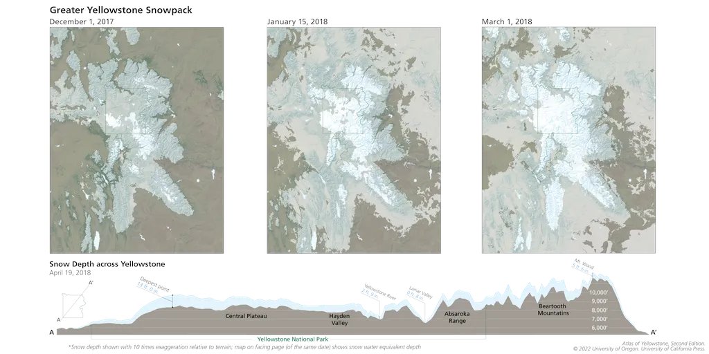 atlasYNP's tweet photo. These atlas maps portray snow depth and extent variability across the Yellowstone region. Storms moving in from the Pacific encounter the topography of the Central Plateau and the Tetons, causing the air to rise, cool, and generate snow that drives profound ecological processes. https://t.co/XR3LOZjfrc