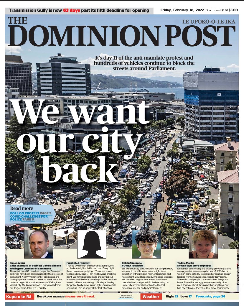 the_postnz's tweet photo. Our front page today: We want our city back.

We talk to frustrated business owners, residents and students about the protest blockade that is severely disrupting life in the capital. https://t.co/hXys8g8505