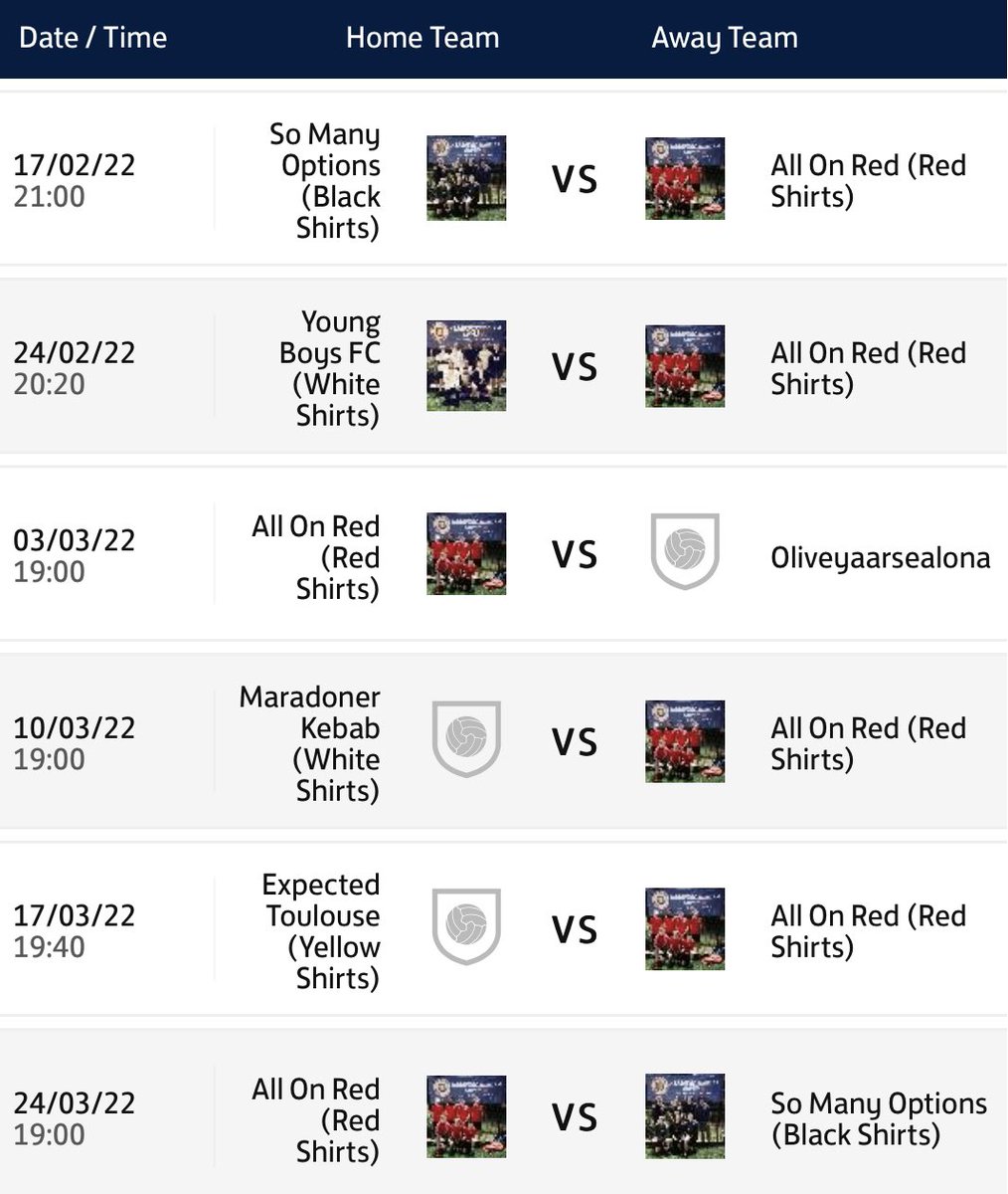AllOnRedFC1's tweet photo. It’s been a while👀🔴

Four games played, three won and one drawn!! We sit top of the league by three points and a healthy goal difference😎

It’s another late kick off tonight as we face ‘So Many Options’ who in 5th place👇

#UTR #AOR https://t.co/muYV7zHsFa
