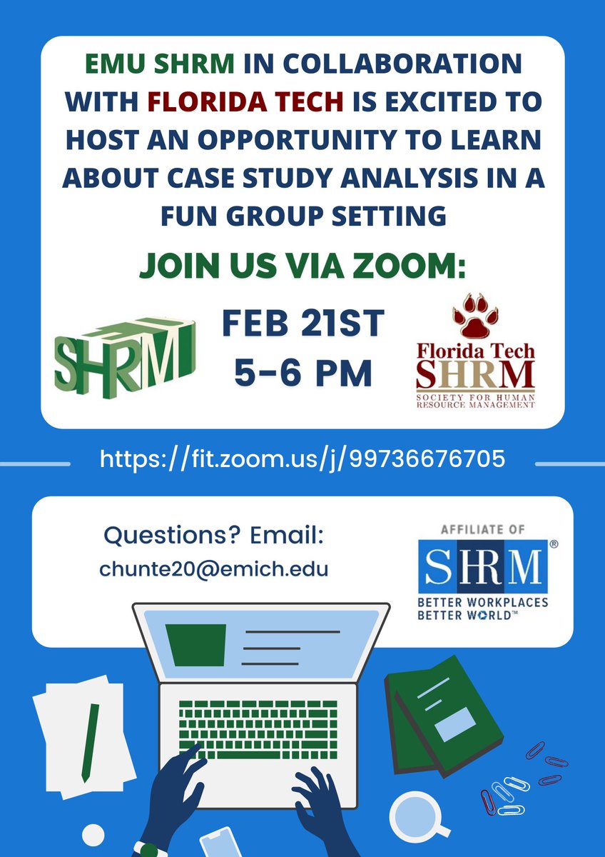 EMUSHRM's tweet photo. EMU SHRM and Florida Tech SHRM are excited to host a case study workshop on Monday, February 21st from 5-6pm. In this workshop, you will have an opportunity to learn about case study analysis in a fun group setting. Everyone is welcome! Please see below for more information. https://t.co/FOz6OdyTvm