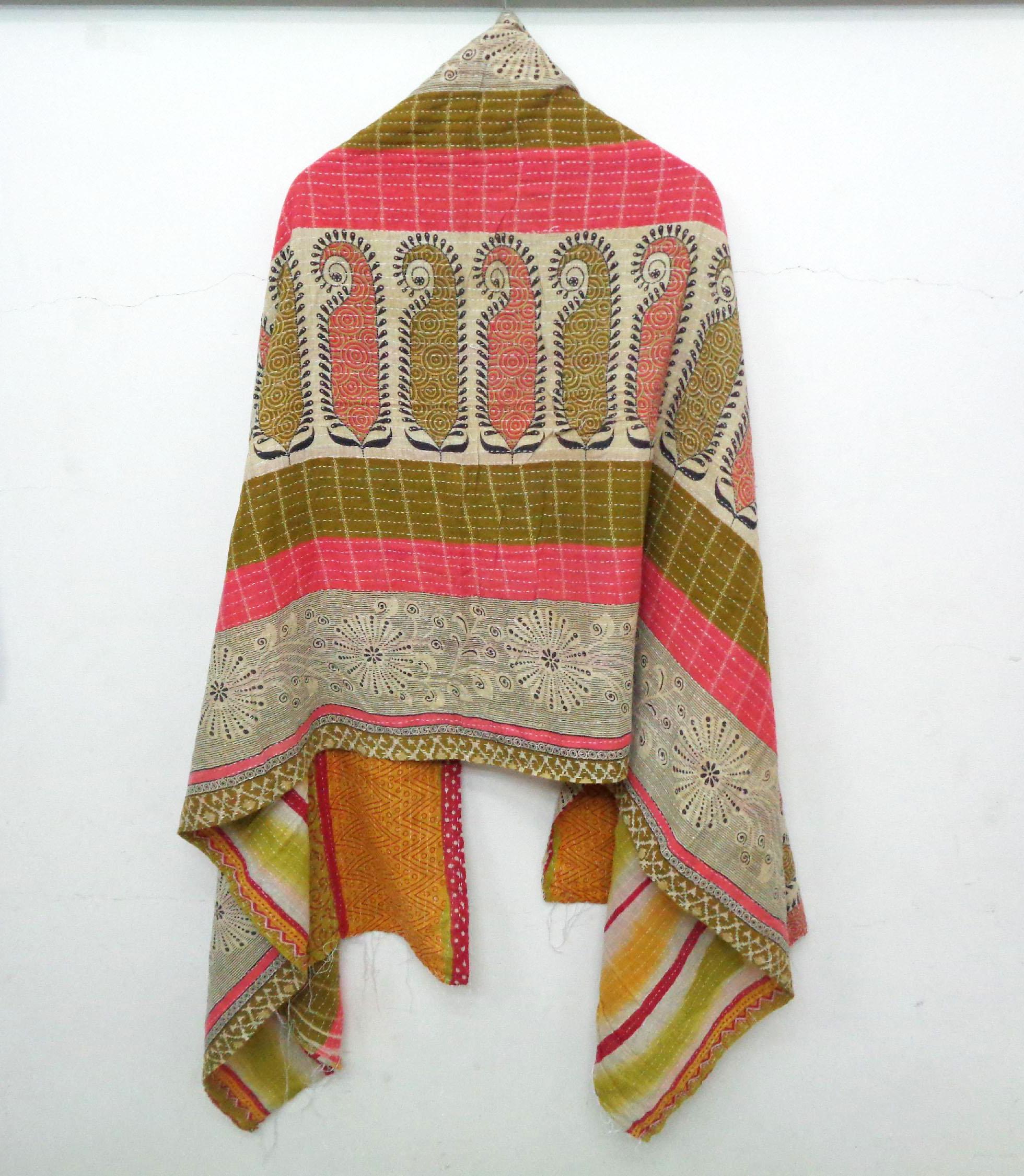 Vintage Dupatta Long Scarf Cotton Saffron Hand Embroidered Kantha Wrap Hijab SW22