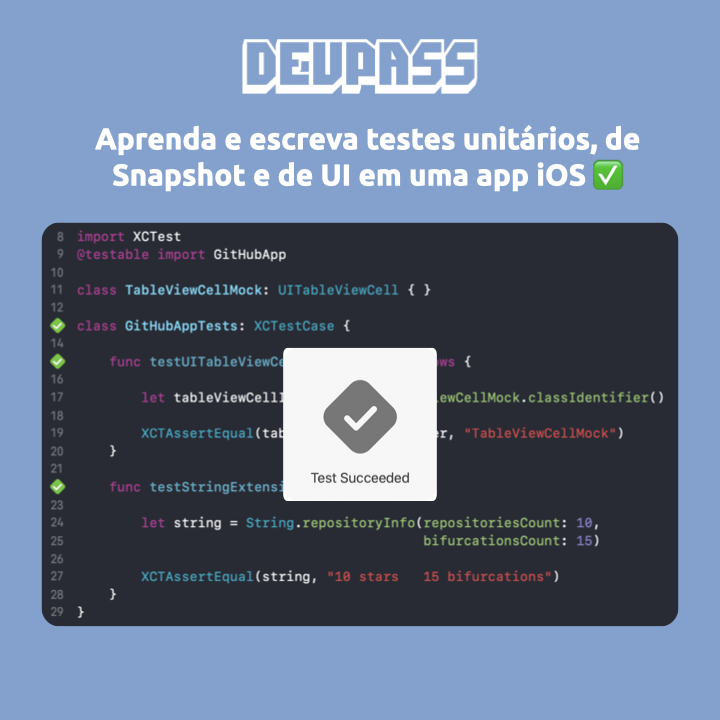 💡 Dev Sprint: Por duas semanas, você e uma equipe de até 10 devs receberão mentoria do <a href="/viniciusc70/">Vinicius Carvalho → FitToday.me</a> diariamente. O conteúdo abrange diferentes tipos de testes no iOS, como testes unitários, testes de snapshot e testes automatizados de UI.