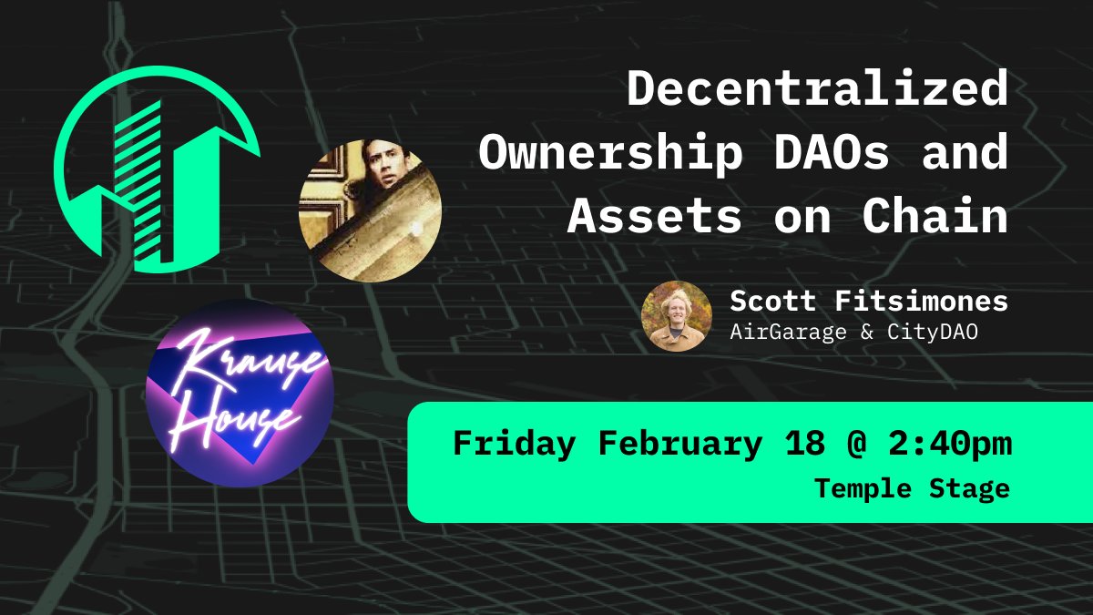 scottfits's tweet photo. Speaking at ETH Denver tomorrow about the intersection of DAOs, assets on chain, and cities, exploring examples from @KrauseHouseDAO, @LinksDAO, @ConstitutionDAO, and @CityDAO! https://t.co/rpYumTUAbl