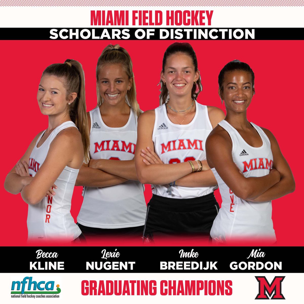 So proud of these 4 who have demonstrated excellence on &amp; off the field. Not only have they won every MAC championship in their careers, but also they distinguished themselves in the classroom, posting a cumulative GPA over 3.9 through 2021 #GraduatingChampions #RiseUpRedHawks