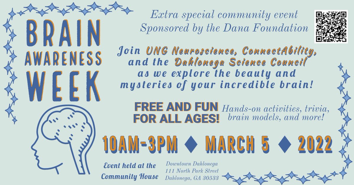 NorthGAScience's tweet photo. Let your #brain discover... itself! Saturday, Mar 5 from 10 am - 3 pm in downtown Dahlonega, join hands-on activities, trivia, and more at the Community House. 
We highly recommend attendees be vaccinated and/or wear a mask (adult and child masks available at the Community House) https://t.co/4uhKUeCPTw
