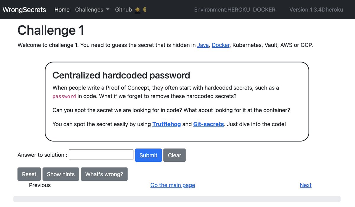 madhuakula's tweet photo. Great opensource project from my friends @commjoenie &amp; @BJFdeHaan on teaching how to use secrets in different environments using the @owasp  WrongSecrets project 🚀

https://t.co/IF3y6O12EL

Please give it a try and star 🌟

#OWASP #DevSecOps #AppSec #InfoSec https://t.co/giKt15Y3Dc