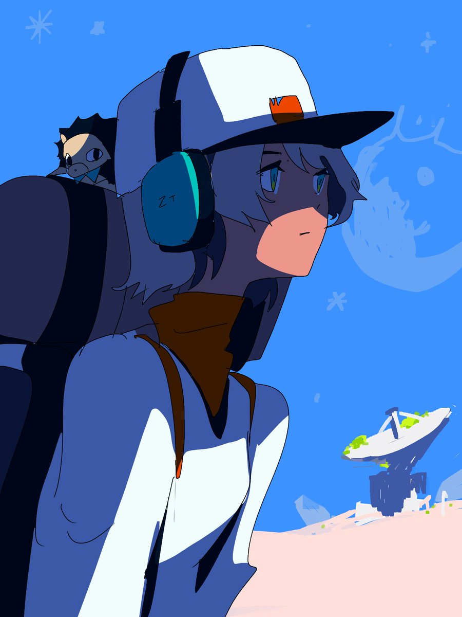 backpack 1girl headphones hat bag baseball cap sky  illustration images