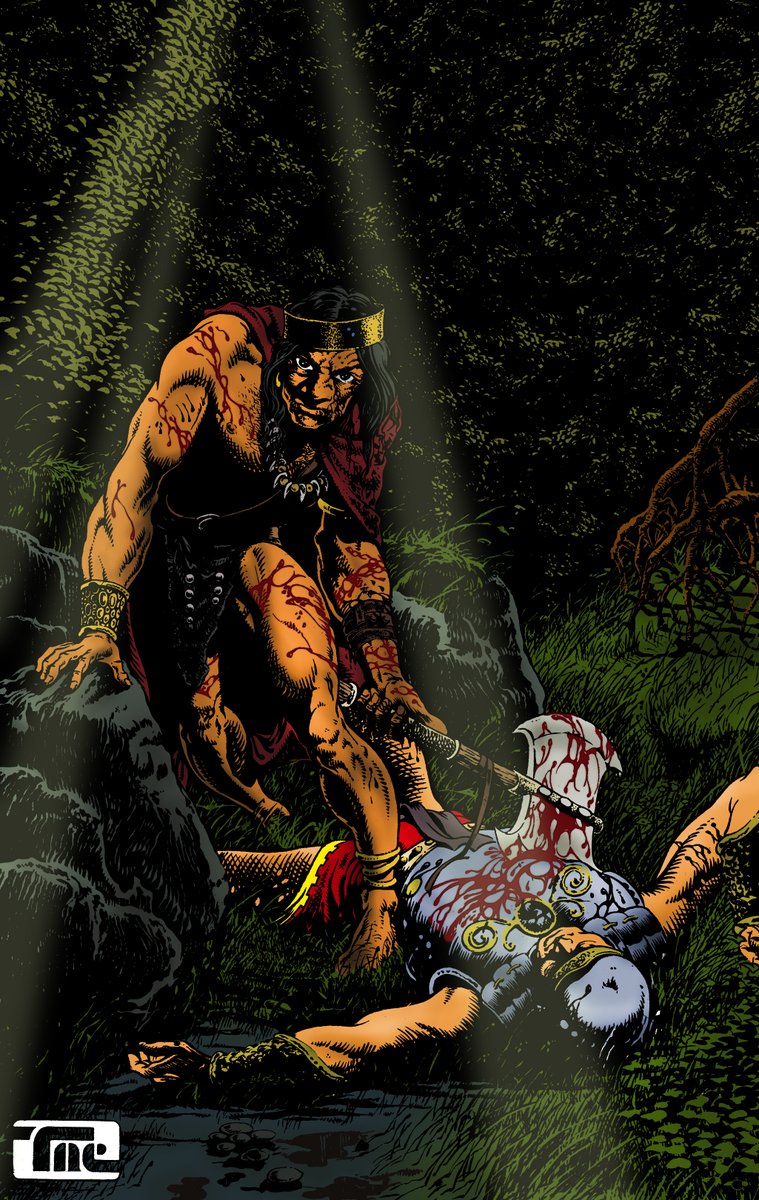 Quonso's tweet photo. "¡Por los dioses, responderé a las burlas de esos perros romanos con la negra lanza y el cortante acero!". #BranMakMorn en "Gusanos de la tierra" de #REHoward.
Coloreado propio sobre ilustración de #TimConrad. https://t.co/sXqDX16HeE