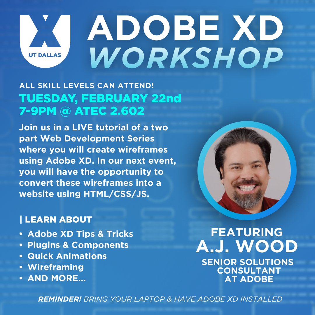 Hello Pretty Interfacers 💙✨ Join us for our first Web Development Series! 
We are holding an Adobe XD Workshop led by A.J. Wood, a Senior Solutions Consultant at Adobe. In our next event you’ll have an opportunity to convert these wireframes into a website! 💻