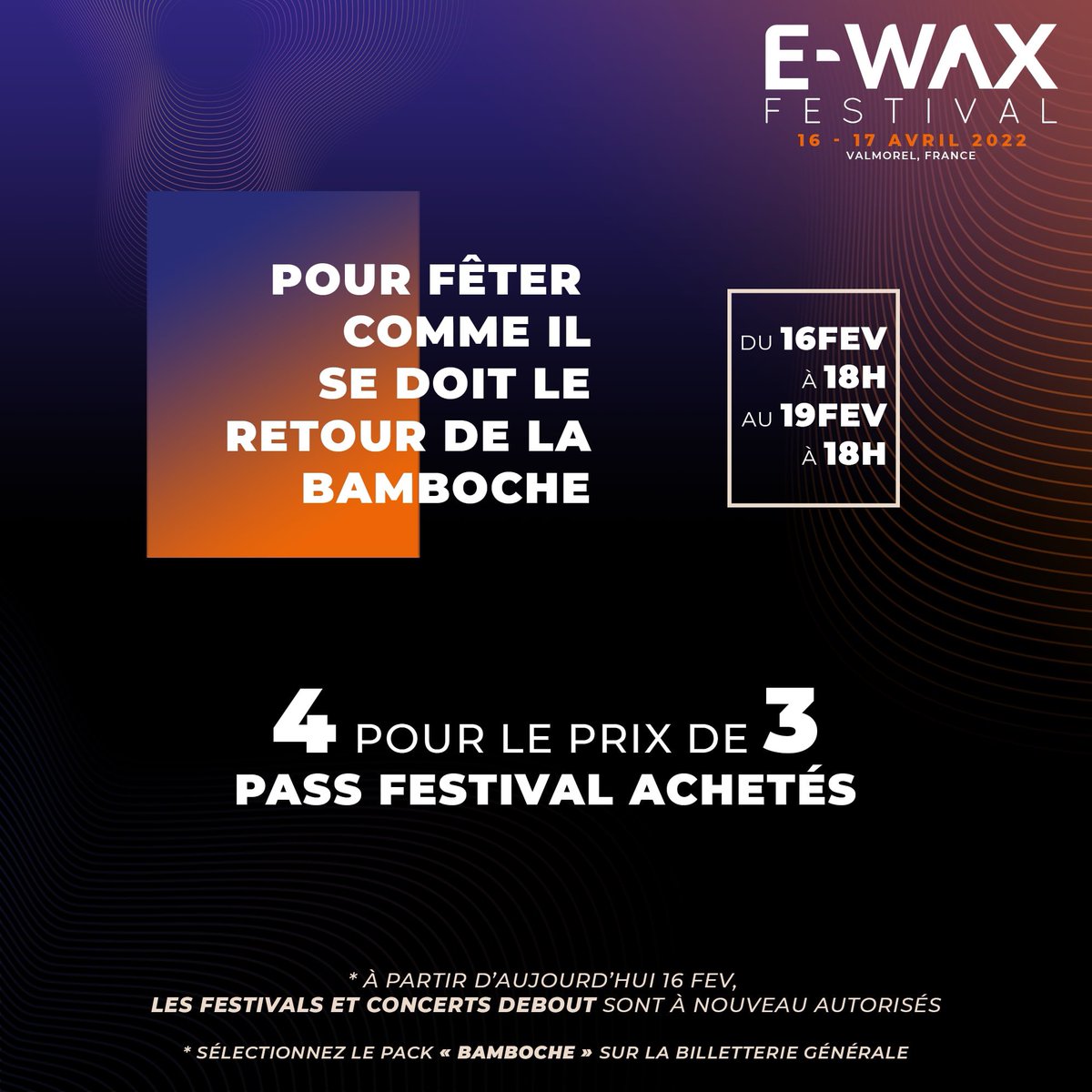 C’est de le retour de la BAMBOCHE ✅🎉
Oui oui les festivals sont à nouveau autorisés, alors pour fêter ça, on vous a sorti un pack « Bamboche » 🎉
4 Pass pour le prix de 3 jusqu’à samedi 18h !
(LIEN EN BIO)
#Bamboche #BambocheDays