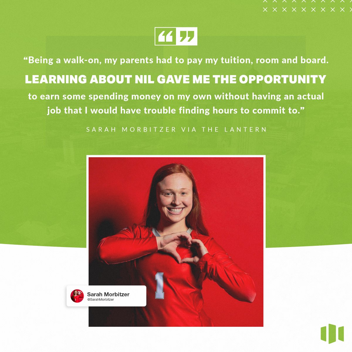Opendorse (@opendorse) on Twitter photo Not every student-athlete has athletic scholarships, <a href="/SarahMorbitzer/">Sarah Morbitzer</a> shares how NIL is helping her as a walk-on. Not every student-athlete has athletic scholarships, <a href="/SarahMorbitzer/">Sarah Morbitzer</a> shares how NIL is helping her as a walk-on.