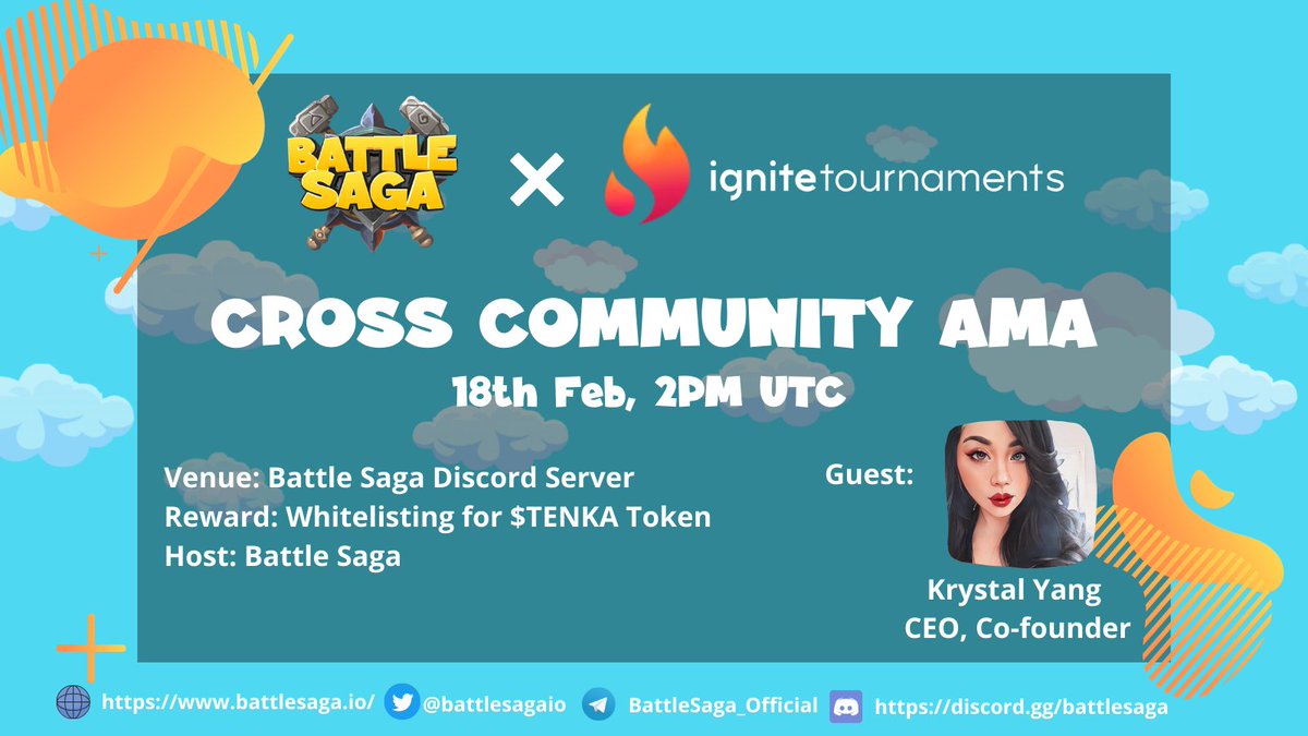 🚨🚨Buckle your Seatbelts for our First Cross-Community AMA session with our Trusty Partner, <a href="/igniteyourgames/">Ignite Tournaments</a> ‼️‼️ Tune in to interact with the CEO of Ignite Tournaments, Krystal Yang🔥🔥Mark your calendars so you do not miss the Big Event💯
Venue: discord.gg/battlesaga