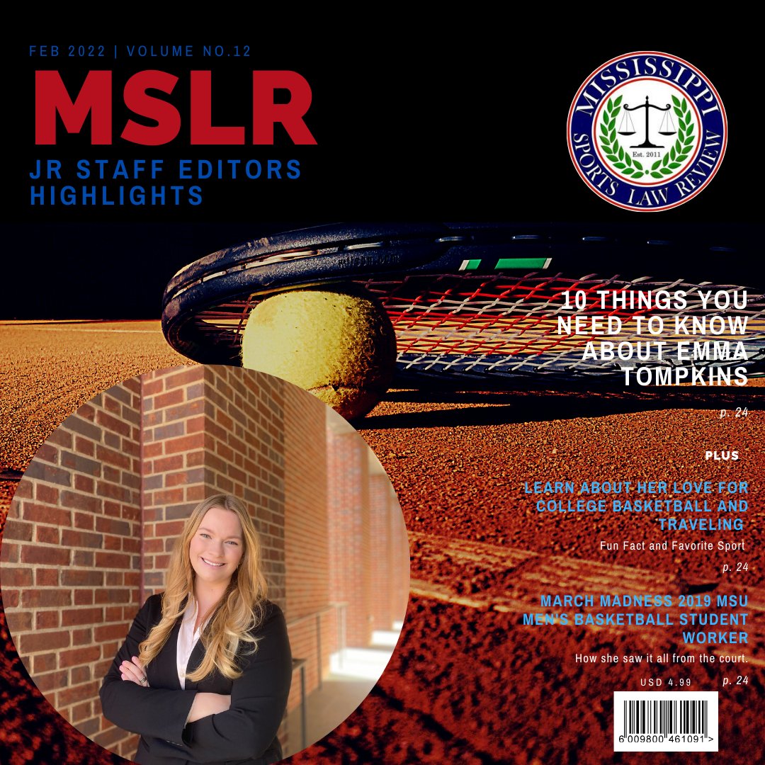 MS_SportsLaw's tweet photo. Highlight Alert: JR Staff Editor Emma Tompkins is a 2L from Biloxi, MS. She is a part of the Entertainment and Sports Law Society, Law Association for Women, PAD, and ACLU. She is also currently an Extern with Ole Miss Athletic Compliance Department. Way to Go, Emma! https://t.co/kX9pPJ7wu7
