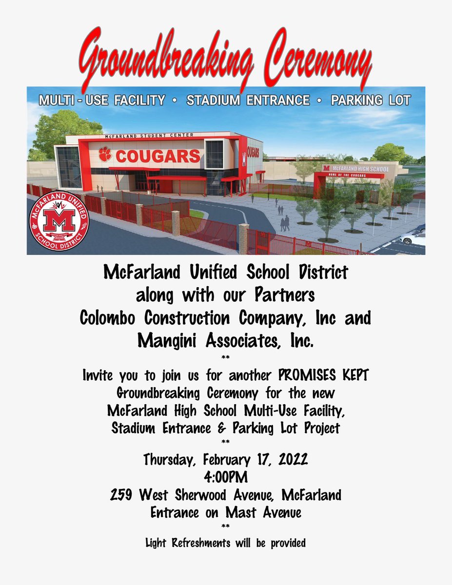 We are beyond excited for today’s ‘Promise Kept’ Groundbreaking for the new MHS Multiuse, Stadium Entrance and Parking Lot project.🚧🐾🏀🏐 <a href="/MHSCougarNation/">McFarland H.S.</a> 
<a href="/McFarland_USD/">McFarland Unified SD</a> <a href="/AmbelinaGDuran/">Ambelina GarciaDuran</a> <a href="/BRS_Academy/">Browning Road STEAM Academy</a> <a href="/KernAve_Bobcats/">Kern Ave Elementary</a> <a href="/Horizon_Jaguars/">Horizon Elementary School</a> <a href="/MJHS_of_MUSD/">McFarland Junior High School</a> <a href="/McFarland_MLC/">McFarland SJHS & MIS</a>