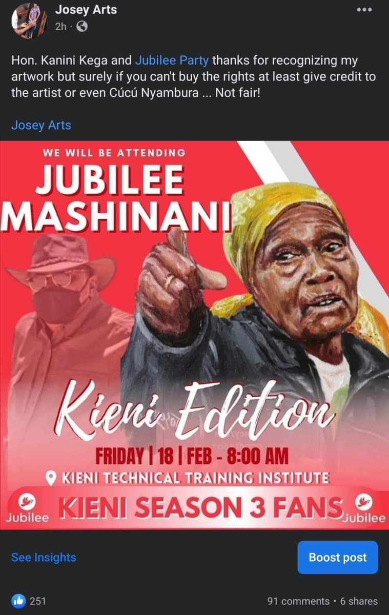 Hon. @Kaninikega and Jubilee Party thanks for recognizing my artwork but surely if you can't buy the rights at least give credit to the artist or even Cúcú Nyambura ... Not fair!

Josey Arts
