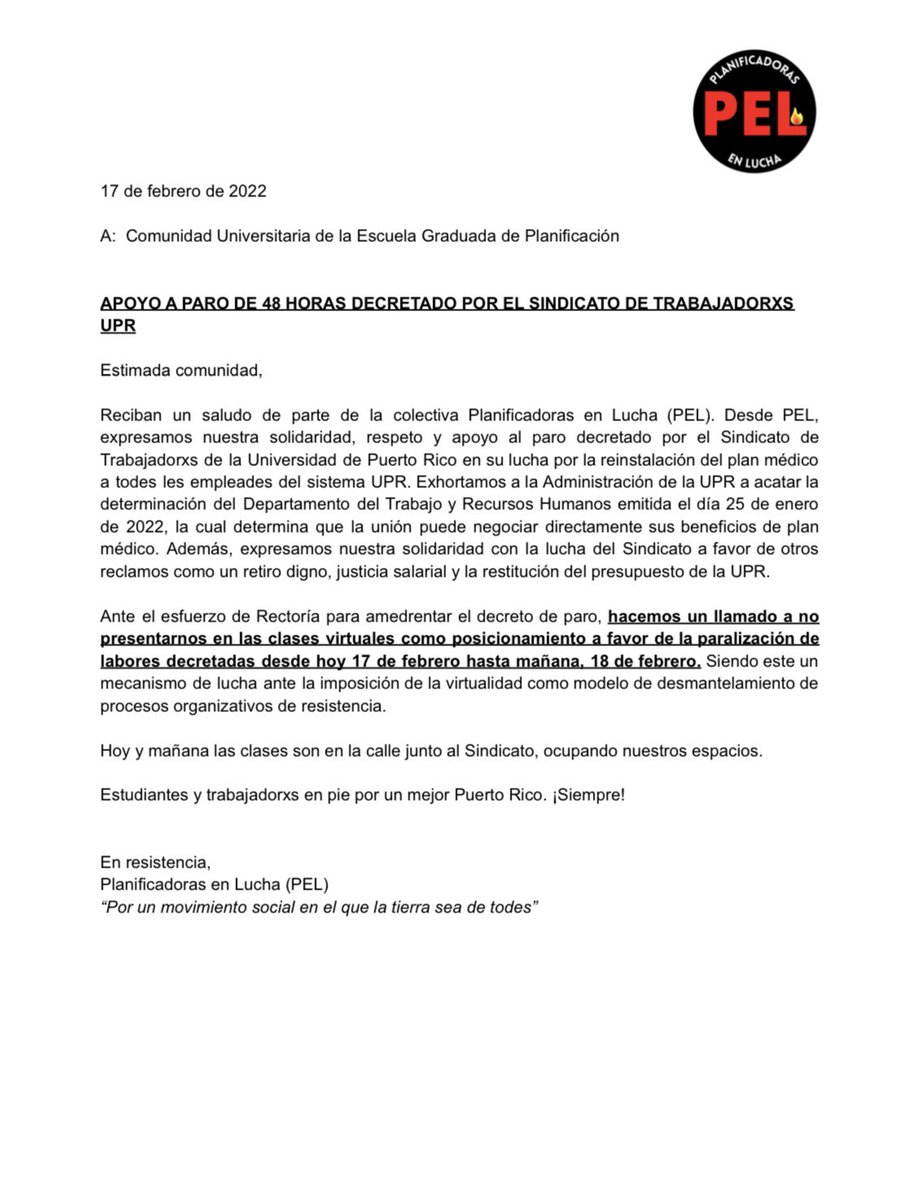 PlanEnLucha's tweet photo. Ante el esfuerzo de Rectoría para amedrentar el decreto de paro, hacemos un llamado a no presentarnos en las clases virtuales como posicionamiento a favor de la paralización de labores decretadas desde hoy 17 de febrero hasta mañana, 18 de febrero. Nos vemos en la calle✊🏽 https://t.co/u7dUQDXZnJ