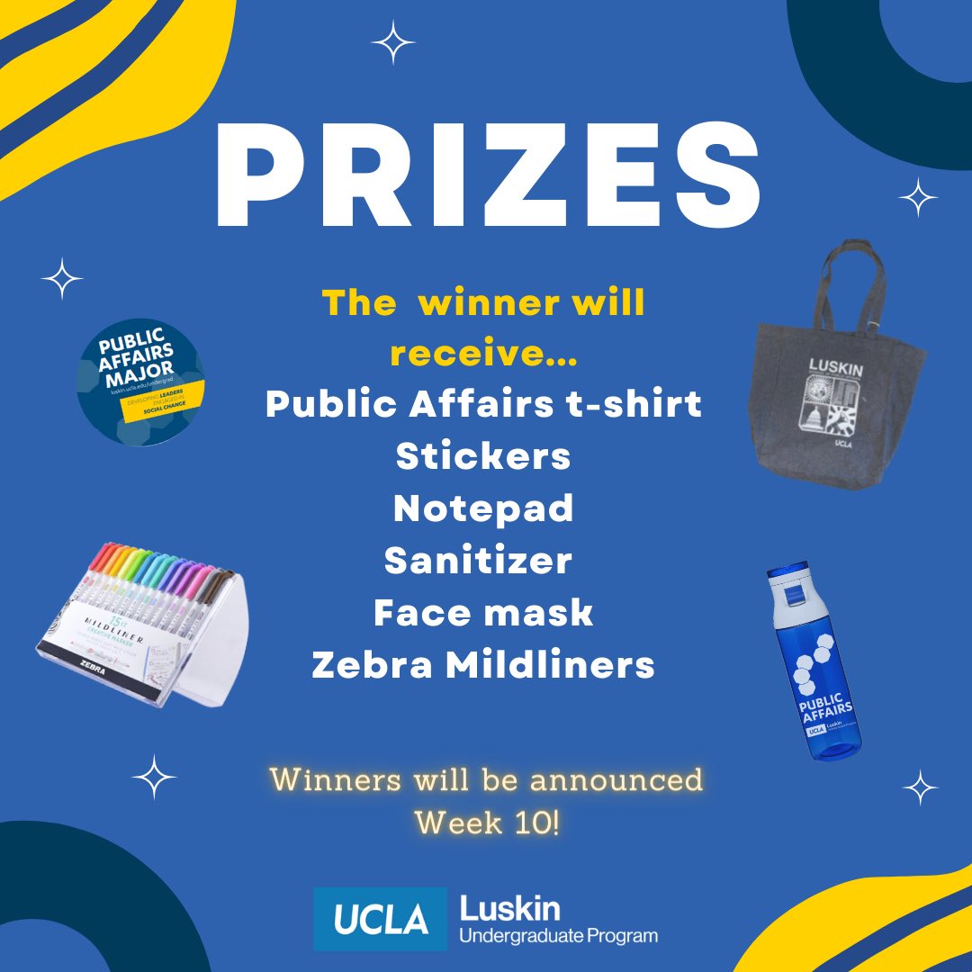 UCLA Luskin Undergraduate Program (@uclaluskinug) on Twitter photo UCLA Public Affairs is doing another giveaway!🤩Enter the Winter 2022 Public Affairs Sweepstakes for the chance to win stickers, a pack of Zebra Mildliner highlighters, and UCLA Public Affairs Swag🎉
FB: UCLA Luskin Undergraduate Program
Twitter: <a href="/UCLALuskinUG/">UCLA Luskin Undergraduate Program</a>
Good luck Bruins! UCLA Public Affairs is doing another giveaway!🤩Enter the Winter 2022 Public Affairs Sweepstakes for the chance to win stickers, a pack of Zebra Mildliner highlighters, and UCLA Public Affairs Swag🎉
FB: UCLA Luskin Undergraduate Program
Twitter: <a href="/UCLALuskinUG/">UCLA Luskin Undergraduate Program</a>
Good luck Bruins!