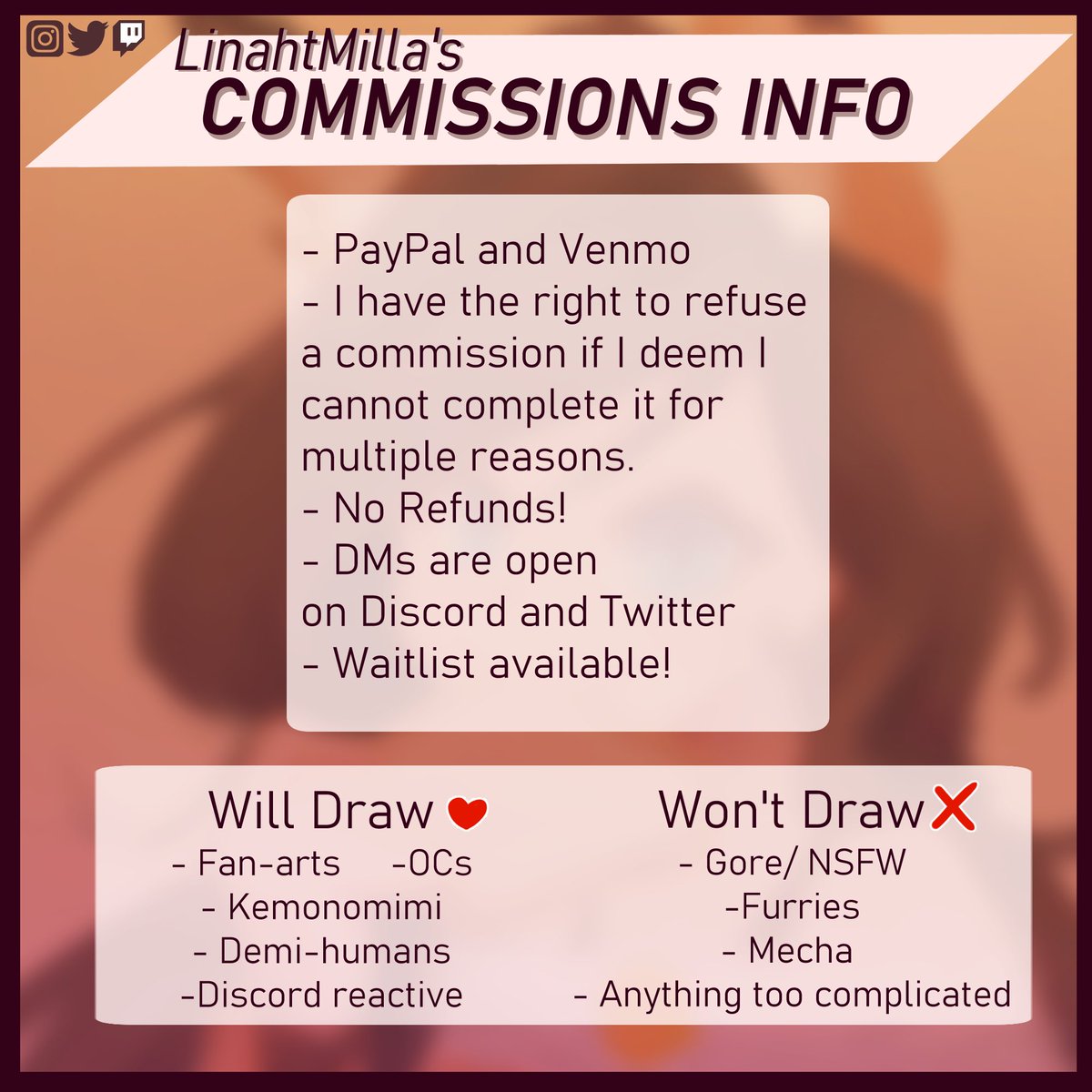 I'm opening commissions once again! Feel free to DM me if you're interested of ordering or be part of the waitlist. 

Don't forget to read the rules or ask me a questions in the DM

>> linktr.ee/linahtmilla

『 RT and shares are highly appreciated 』