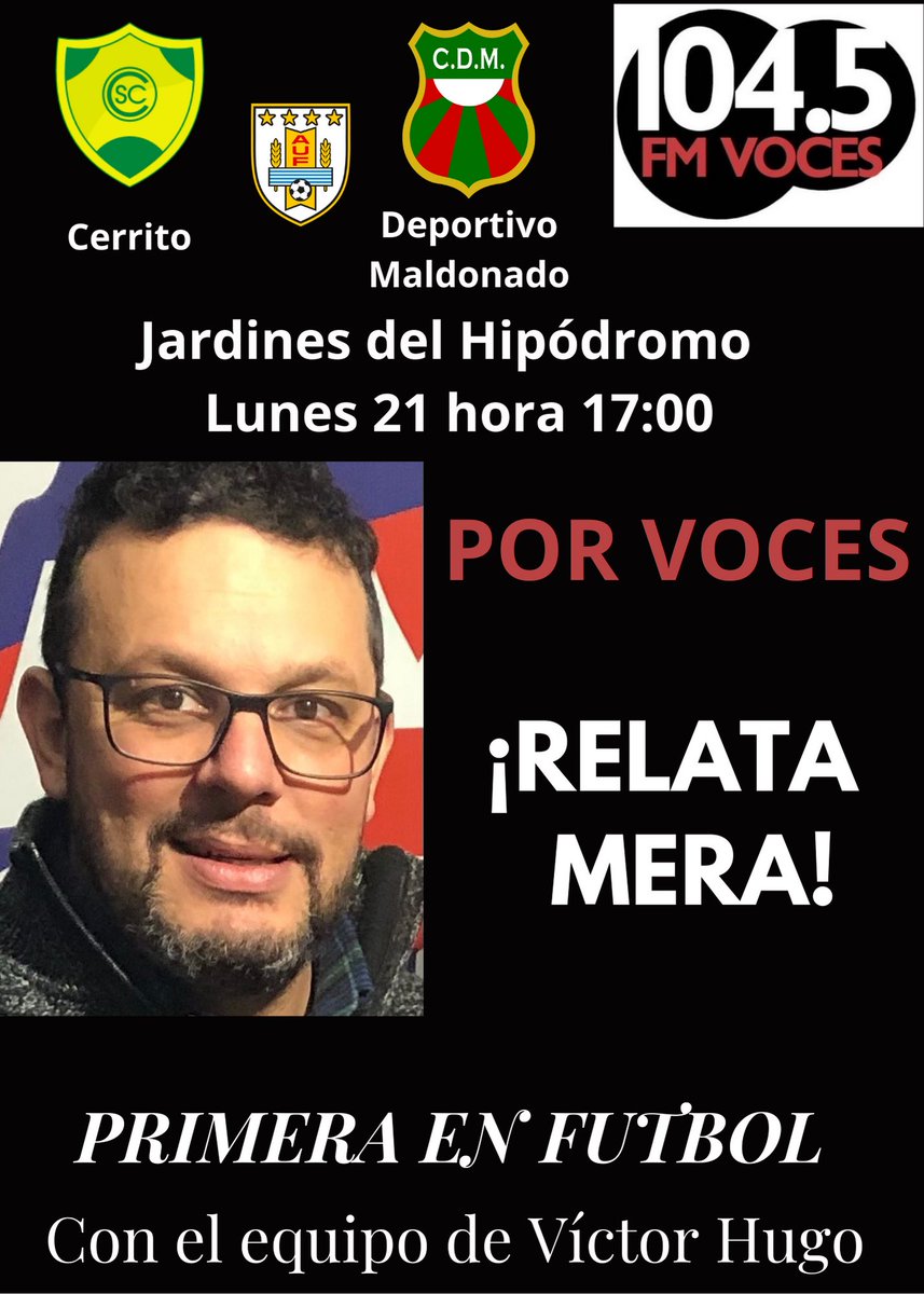 Sábado con clásico del este desde Rocha, relata <a href="/fernandomego/">fernando mego</a>. Lunes con <a href="/maldosad/">Deportivo Maldonado SAD</a> ante <a href="/SportivoCerrito/">Club Sportivo Cerrito Ok</a> desde Montevideo, relata <a href="/danielomera/">Danielo Mera</a> Todo el futbol en <a href="/fm_voces/">FM VOCES 104.5 🇺🇾</a>