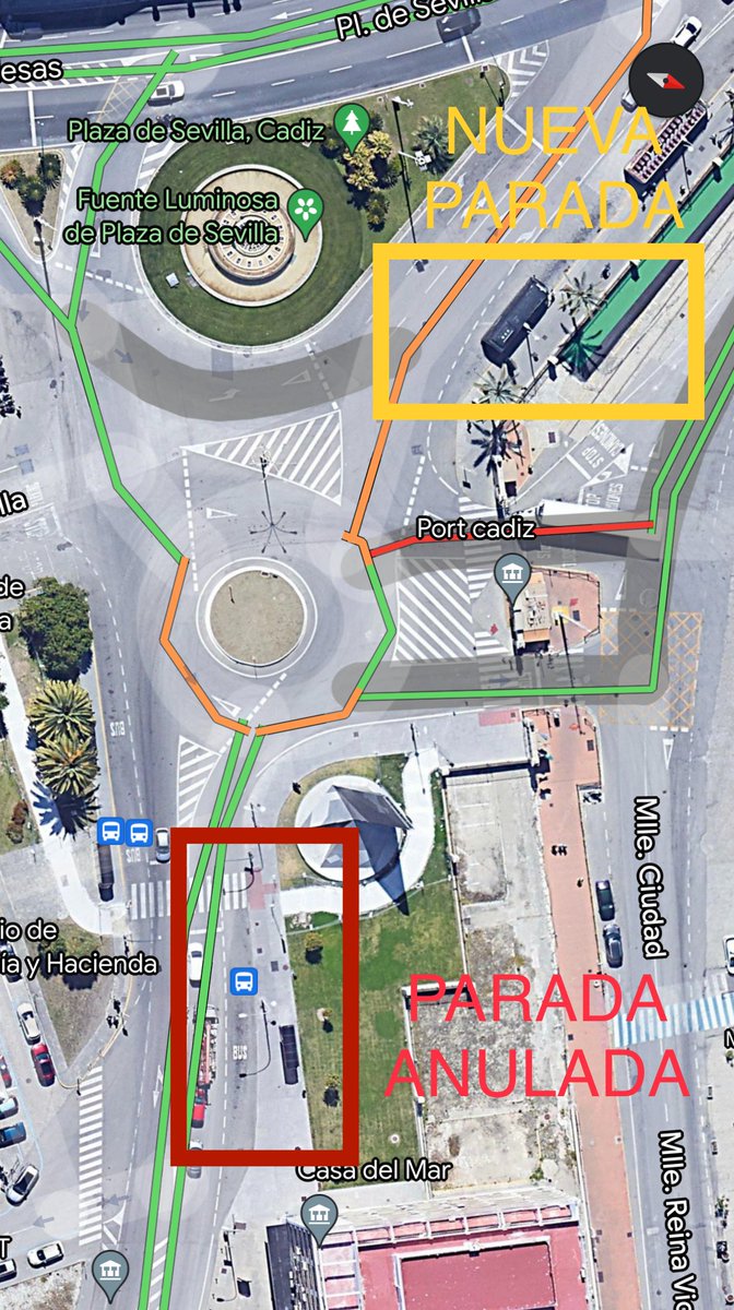 kinobus_'s tweet photo. En #Cádiz, queda suprimida la parada urbana y metropolitana de Plaza de Sevilla, dirección salida ciudad. Se desplaza unos metros hacía adelante, en la parada de bus turístico. #TGComes #CMTBC https://t.co/bOGjXjjXSc