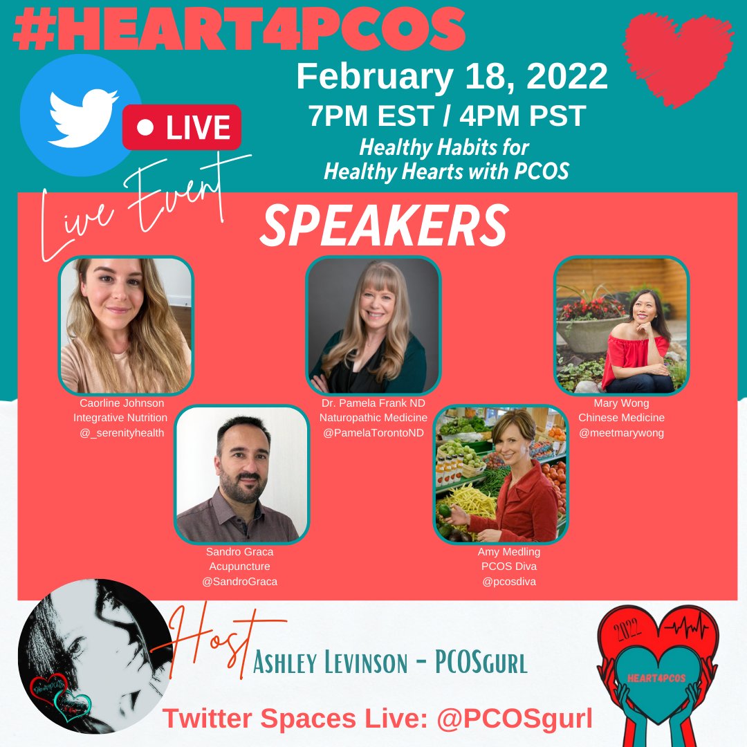 #Tomorrow NIGHT ON #TwitterSpaces 7PM EST Join a #Heart4PCOS live panel Healthy Habits for #Healthy #Hearts With #PCOS PANELISTS: @_serenityhealth @PamelaTorontoND @MeetMaryWong @SandroGraca @pcosdiva HOST: @PCOSGurl #HeartMonth #HeartNews #GoodMorningTwitterWorld