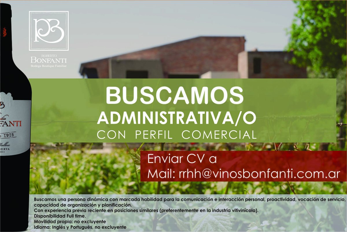 📣 BUSCAMOS PERSONAL ADMINISTRATIVO con perfil comercial📣

Envianos tu CV a rrhh@vinosbonfanti.com.ar