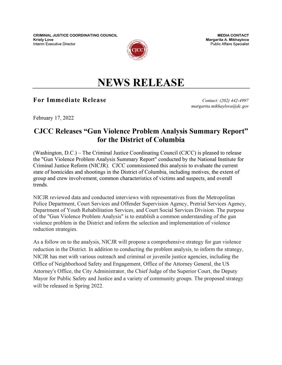DC_CJCC's tweet photo. Combating Violent Crime is a key CJCC priority. Today we are releasing the Gun Violence Problem Analysis Summary Report conducted by @NICJR01. Read it here:https://t.co/nrCnxnEqVZ
#gunviolencereduction #publicsafety https://t.co/WPNgWlLb0h
