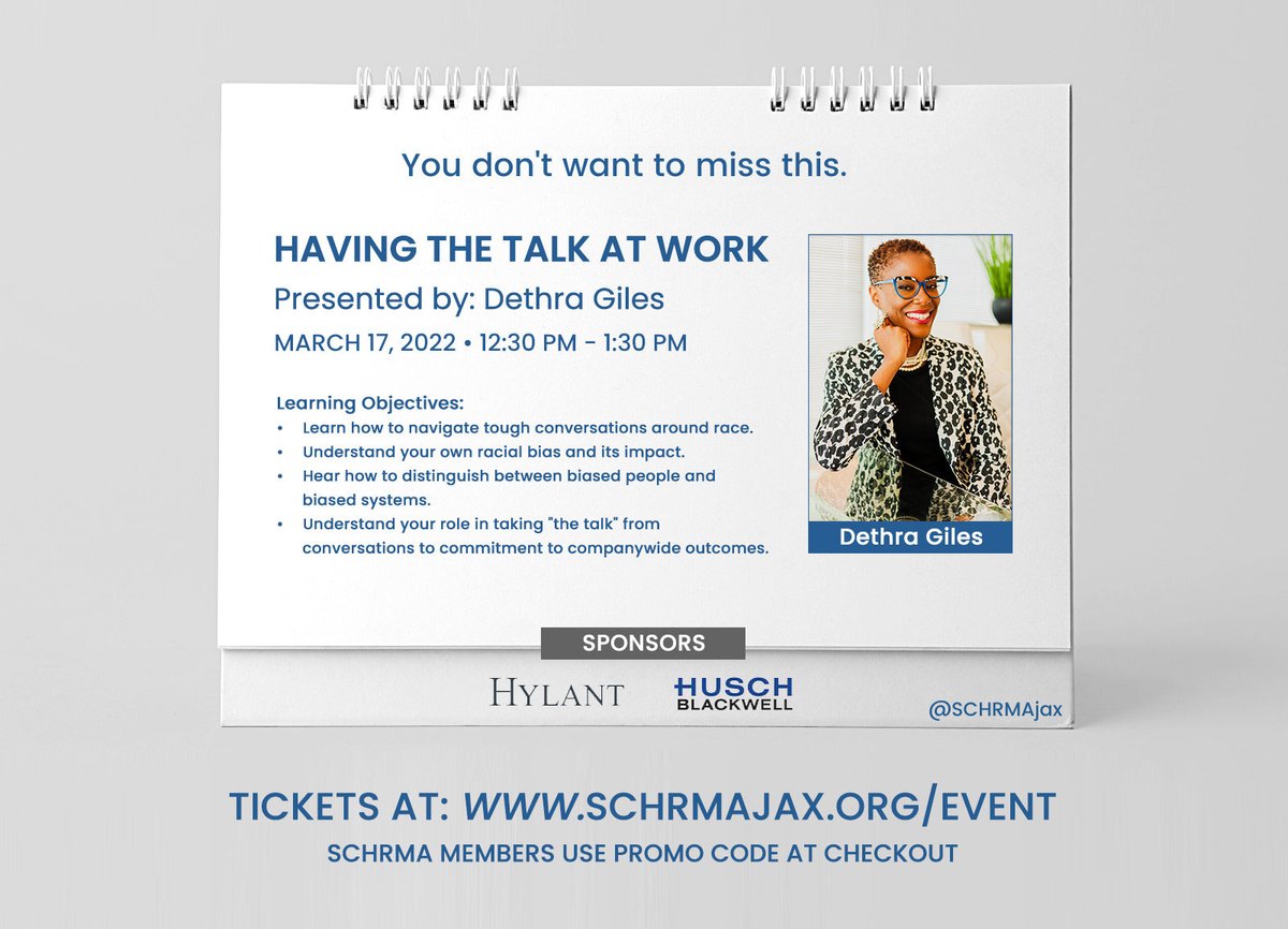 SCHRMAjax's tweet photo. 👉Get your tickets for our March 17th event today!👈
📣 Tickets at: https://t.co/DrwCyzY8PK 

Subject: Having The Talk At Work with Dethra Giles (@ExecuPrep )
 
#schrmajax #schrma #leadership #dethragiles #thetalk #humanresources #leaders https://t.co/kxE1nzi9m3