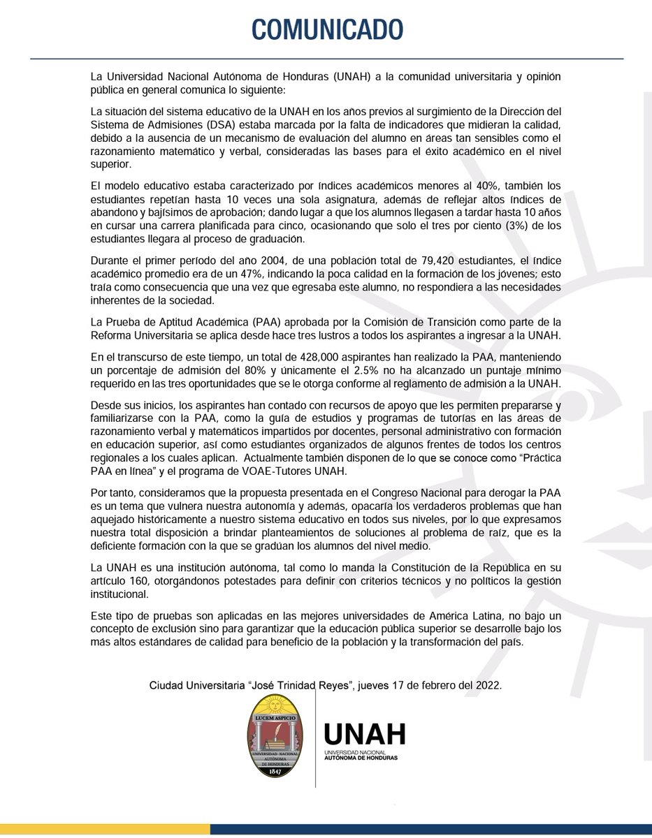 UNAHoficial's tweet photo. #ComunicadoUNAH Defendemos nuestra autonomía para garantizar que la educación pública superior se desarrolle bajo los más altos estándares de calidad para beneficio de nuestra población y la transformación del país. https://t.co/sLF361FP8q