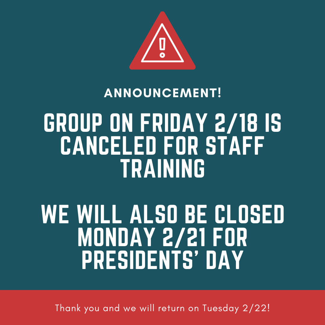ZiaADVNetwork's tweet photo. Announcement! Group on Friday 2/18 is canceled for a staff training. We will also be closed on Monday 2/21 for Presidents' Day. Thank you and we will return on Tuesday 2/22! https://t.co/2Nf13wUl4q
