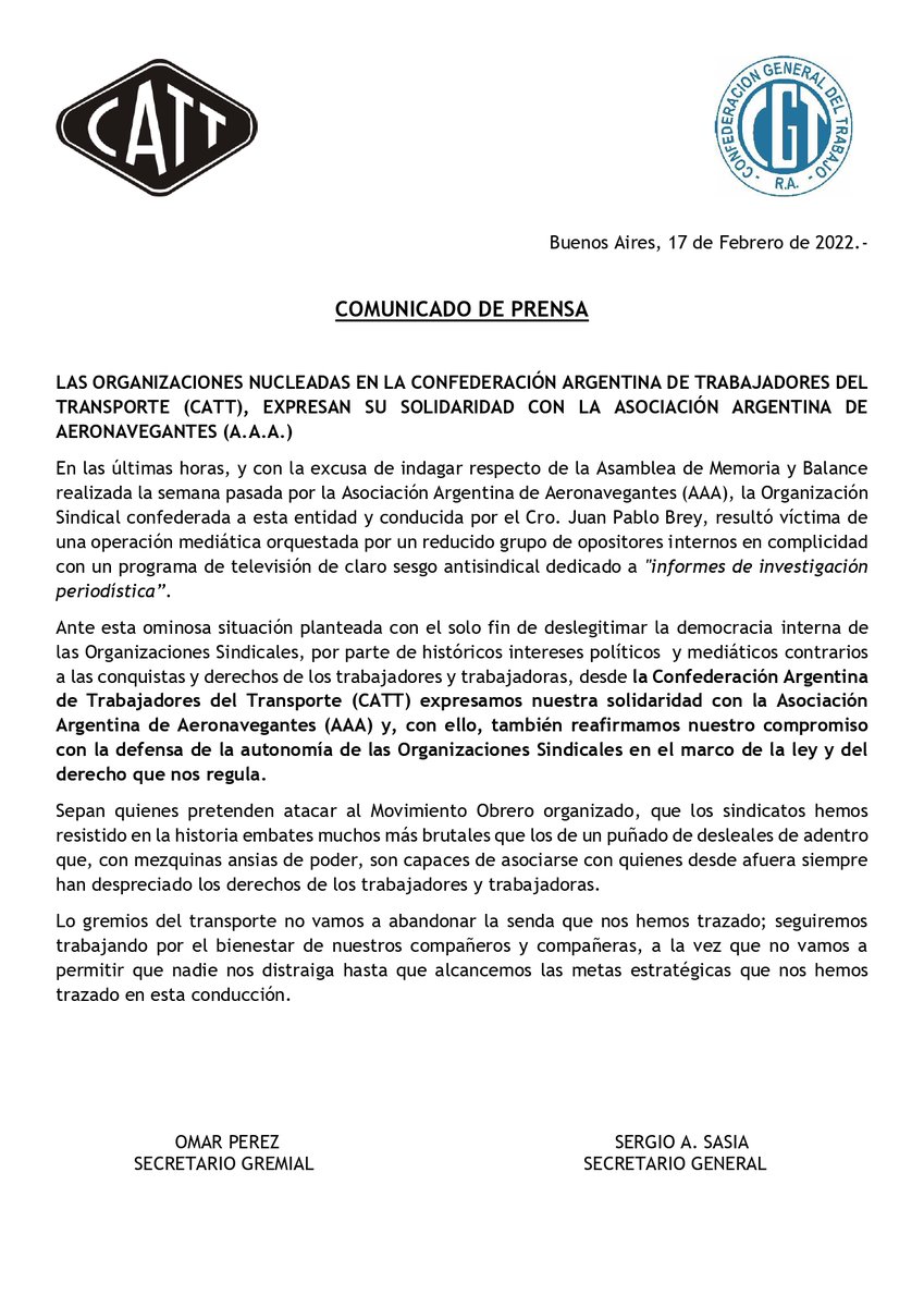 Aeronavegantes's tweet photo. Difundimos el comunicado de la #CATT en apoyo a @juanpablobrey y #Aeronavegantes. Nuestro agradecimiento por expresar su solidaridad y compromiso en defensa de la Autonomía Sindical. https://t.co/ap50Nb5tdL