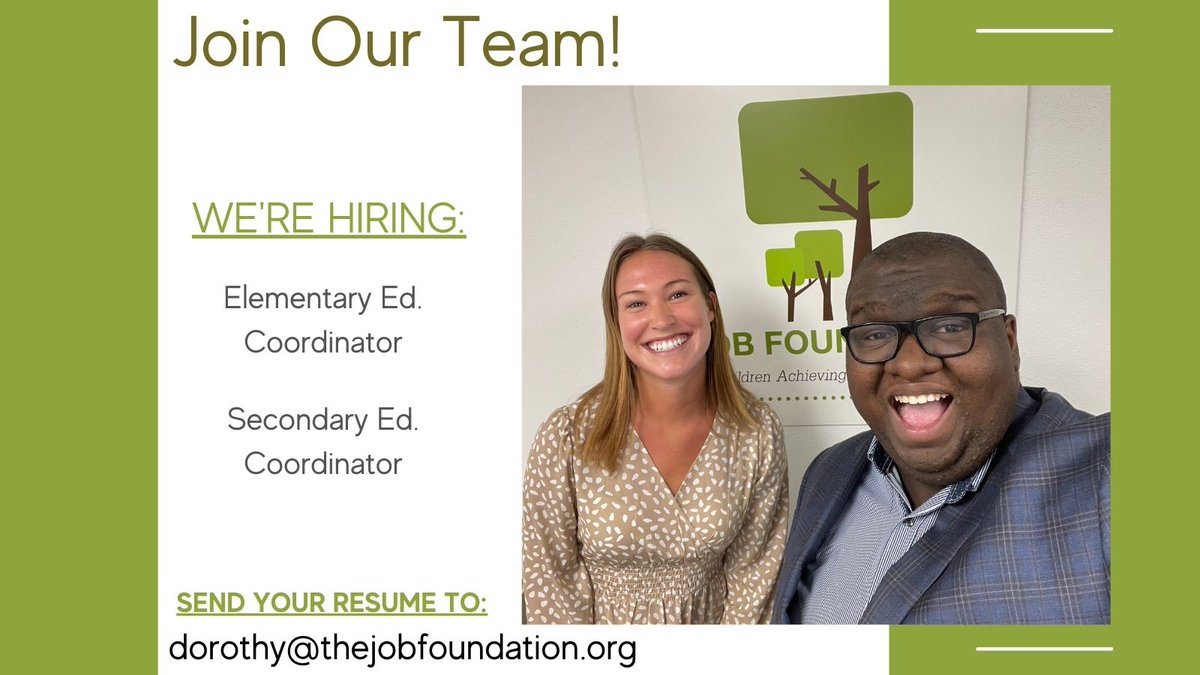 The Job Foundation (@_jobfoundation) on Twitter photo The Job Foundation is #hiring! We’re looking for an Elementary Education AND a Secondary Education Coordinator. Join our small but mighty team, helping all people achieve financial success!
Send your resume to dorothy@thejobfoundation.org
#Hiring #NonprofitOrganization The Job Foundation is #hiring! We’re looking for an Elementary Education AND a Secondary Education Coordinator. Join our small but mighty team, helping all people achieve financial success!
Send your resume to dorothy@thejobfoundation.org
#Hiring #NonprofitOrganization