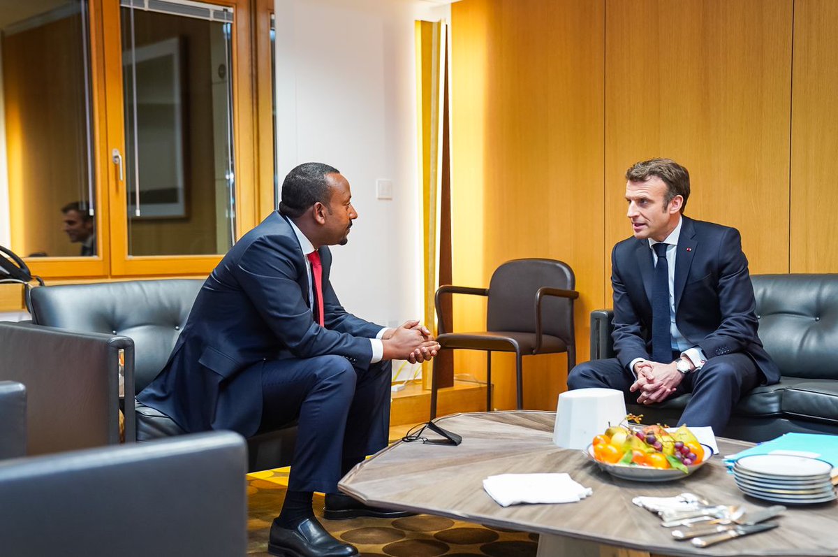 AbiyAhmedAli's tweet photo. Thank you, my brother @EmmanuelMacron, for a fruitful conversation about bilateral relations and continental issues. The long-standing relationship between our countries provides a solid foundation for future collaboration. https://t.co/6jxHBcgOSM