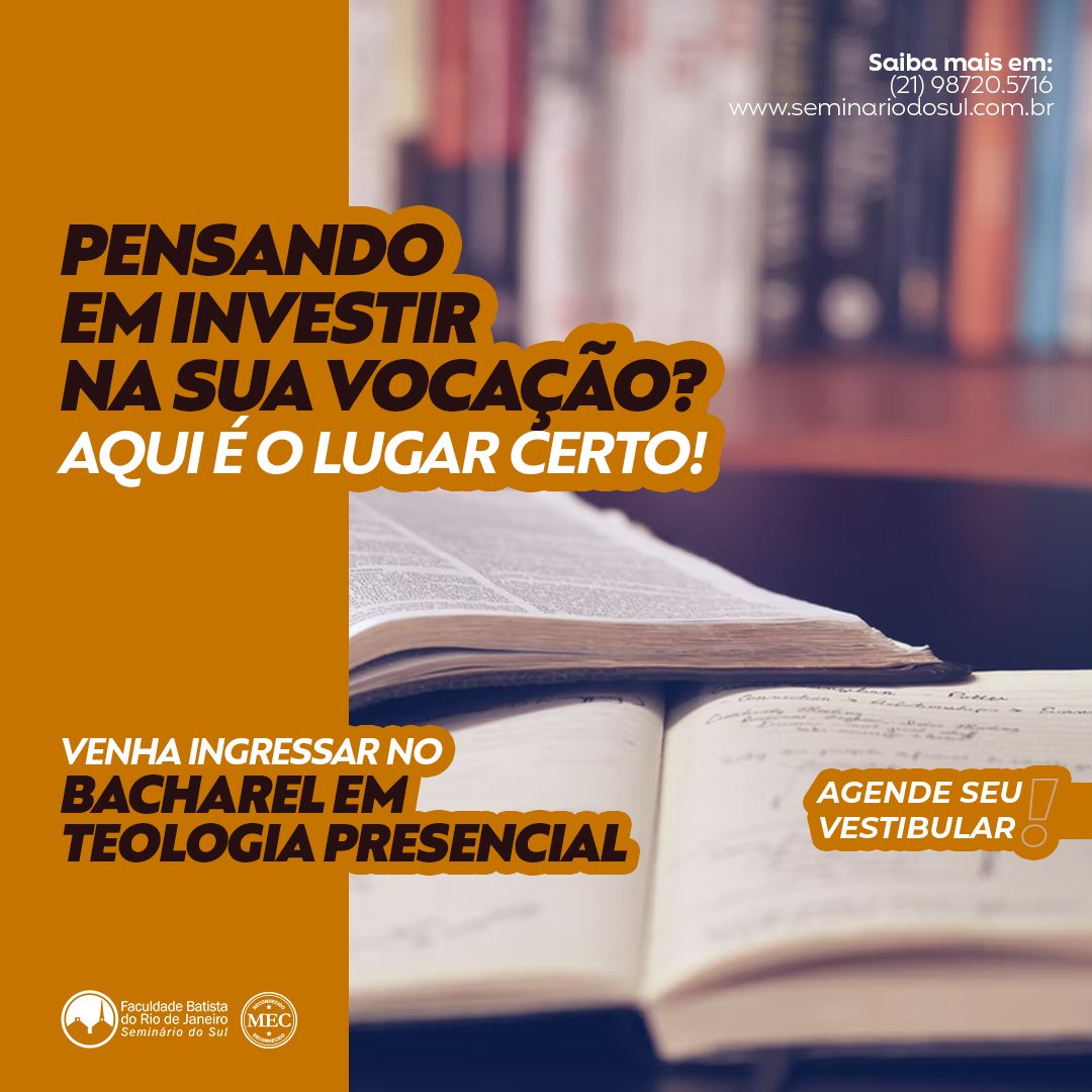 seminariodosul's tweet photo. Referência na formação de líderes teólogos, o nosso curso de Bacharel em Teologia é reconhecido pelo MEC, conta com professores qualificados e você ainda tem 15% de desconto no valor da mensalidade, durante todo o curso. Acesse: https://t.co/QKsH52dMrD #STBSB https://t.co/359mK96JQt