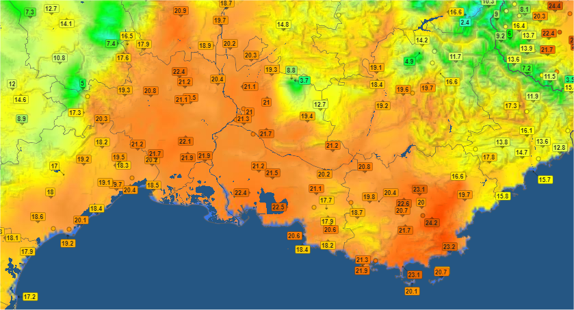 Grande douceur dans le sud-est ce jeudi.
Records mensuels à #Toulon (23,2°C, ancien record 22,5°C en février 1990) et à l'aéroport de #Marseille Provence (22,5°C, ancien record 22,4°C en février 2019). 

Carte @infoclimat 