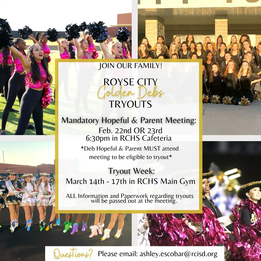 RoyseCityISD's tweet photo. Golden Debs Tryout Info! https://t.co/CdzgXoG1EM