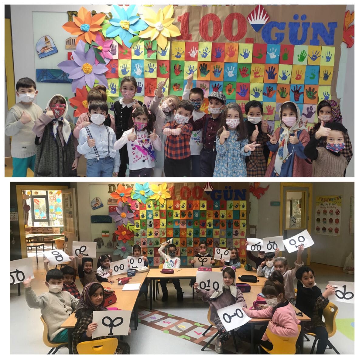 BahcesehirLara's tweet photo. Okula başladığımız ilk günden bu güne öğrendiğiniz 100 ayrı bilgi, 100 yeni kelime, 100 tane şarkı vb. ile bugün “Okula gelişimizin 100.Gününde” Öğrencilerimiz 100 yaş konseptiyle ve tasarladıkları t-shirtleriyle okula geldiler. ❤️💙🥳 https://t.co/p1mocBIjb5