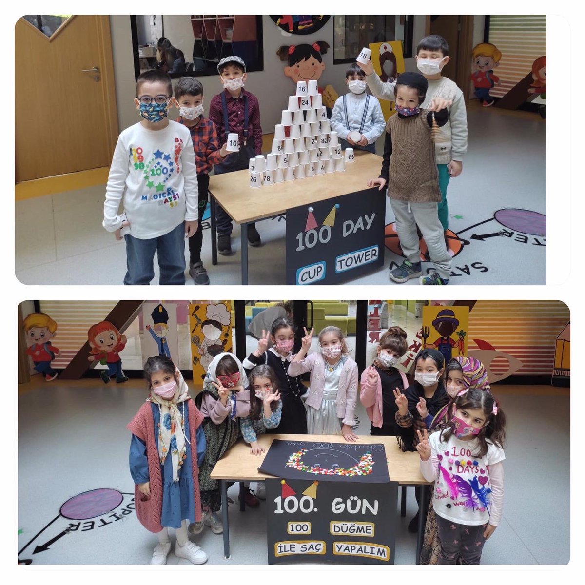 Okula başladığımız ilk günden bu güne öğrendiğiniz 100 ayrı bilgi, 100 yeni kelime, 100 tane şarkı vb. ile bugün “Okula gelişimizin 100.Gününde” Öğrencilerimiz 100 yaş konseptiyle ve tasarladıkları t-shirtleriyle okula geldiler. ❤️💙🥳