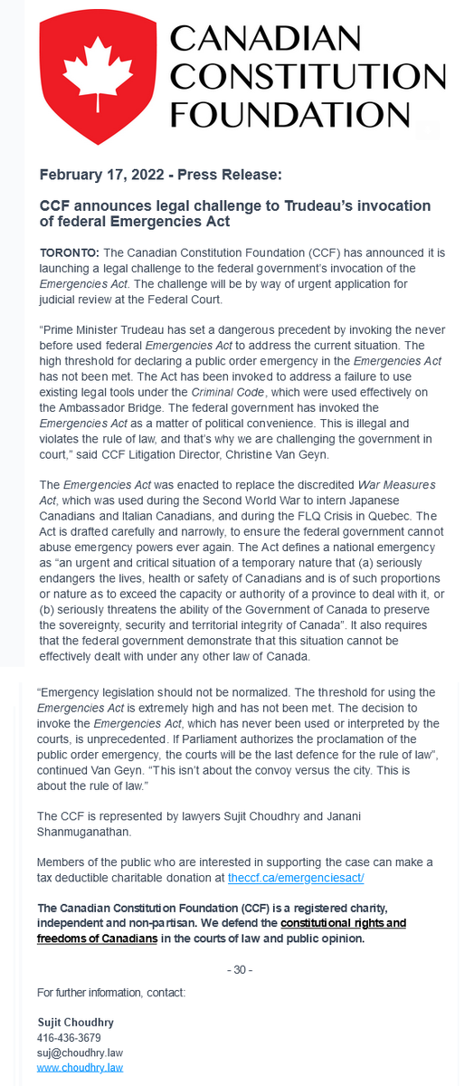 Our website is struggling a bit to keep up with the sudden traffic. Here is our full announcement in a screen capture. #cdnlaw #cdnpoli #onpoli #charterofrightsandfreedoms 

CCF announces legal challenge to Trudeau’s invocation of federal Emergencies Act