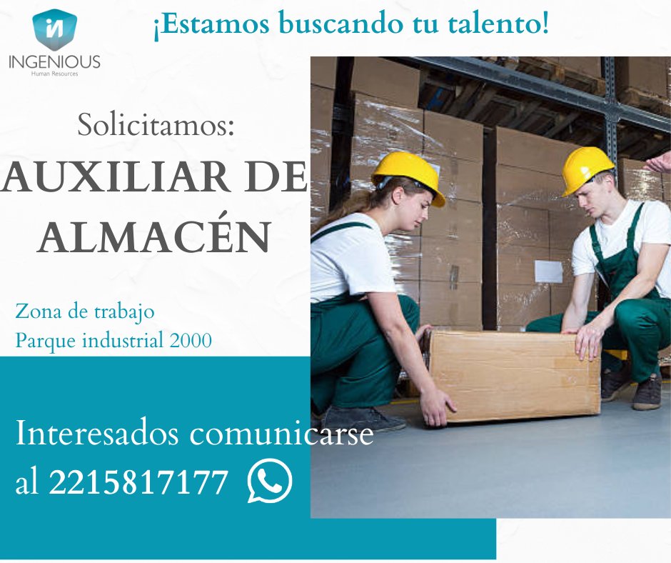 hr_ingenious's tweet photo. Estamos solicitando: Auxiliar de almacén 
Contáctanos por llamada o whatsapp al 𝟐𝟐𝟏𝟓𝟖𝟏𝟕𝟏𝟕𝟕 📲

#empleospuebla #Puebla #OportunidadLaboral #Solicitamos #Postulate #trabajospuebla https://t.co/3iV8xeEKzN