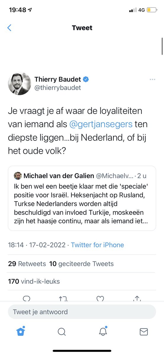 Onder andere.... 
RT <a href="/LodewijkA/">Lodewijk Asscher</a>: Nederland óf het oude volk. 

Klassieke jodenhaat. Zeg niet dat je het niet wist. Thierry Baudet is een antisemiet.