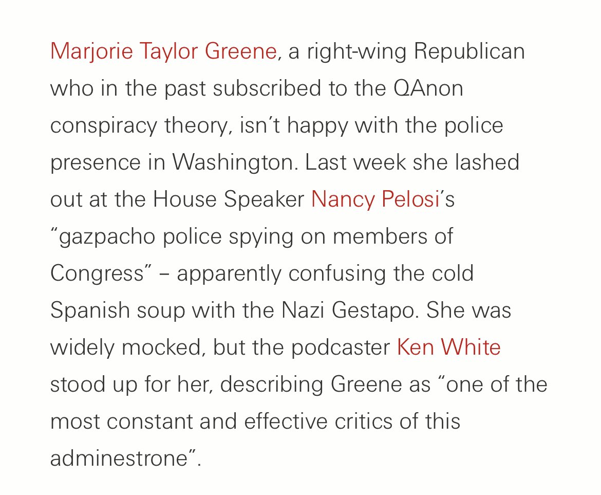 johnwhenry's tweet image. So important to be vigilant against the ever-present risk of a gazpacho police state. Right @RepMTG 🤣