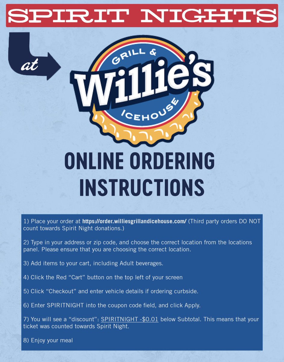 Tonight’s the night! Spirit Night at Willie’s - but ALL DAY LONG! I’ve included online ordering instructions. You MUST mention Bang Spirit Night or enter “SPIRITNIGHT” as coupon code when ordering online! Thanks for supporting Bang! <a href="/BangElementary/">Bang Elementary</a>