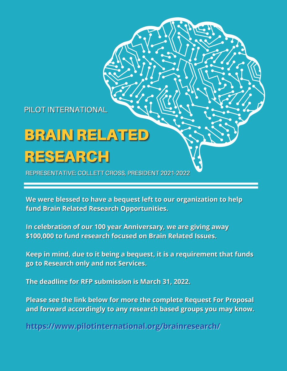 PilotIntlHQ's tweet photo. We were blessed to have a bequest left to our organization to help fund Brain Related Research Opportunities.

The deadline for RFP submission is March 31, 2022.

Go to the Request for Proposal (Adobe PDF) by visiting:
https://t.co/BzkXsGJzwk

#PilotInternational #Brain https://t.co/bTj49dvpY5