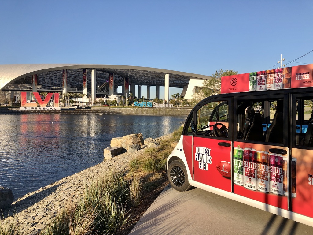 ride_circuit's tweet photo. After months of bringing eco-friendly transport to SoFi Stadium, Circuit was there at the big game with 30 cars to give eco-friendly rides to all the VIPs and owners at the game. While the sun has set on football season, Circuit isn't slowing down anytime soon! @SoFiStadium https://t.co/BrzZNWxSHl